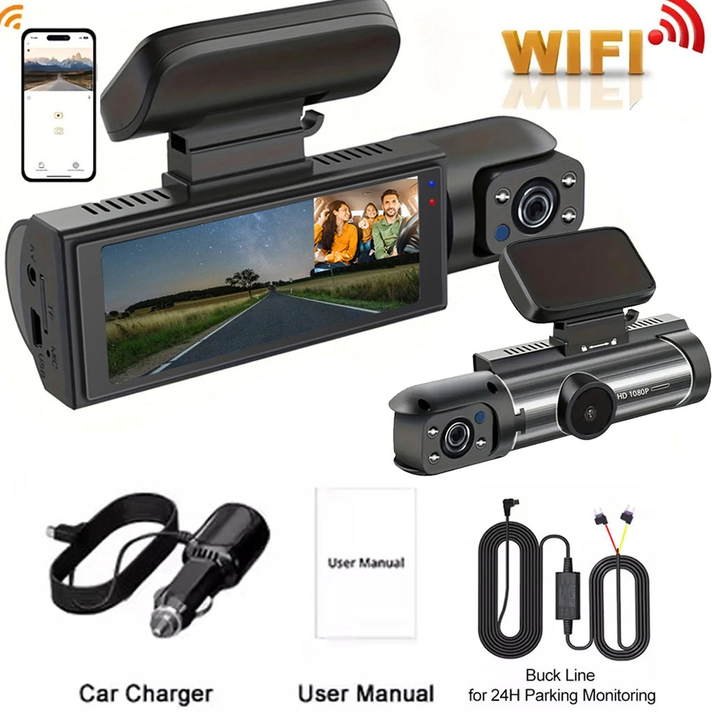 Caméra embarquée pour voiture 1080p avec enregistreur vidéo DVR, double caméra avant et intérieure, enregistrement en boucle et surveillance WiFi.
