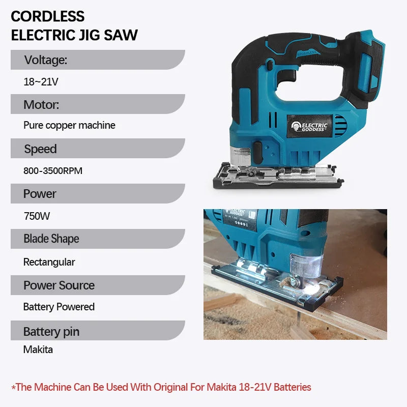 Scie sauteuse sans fil Electric Goddess, 18 V, 750 W, coupe bois/métal/PVC, 800-3500 tr/min