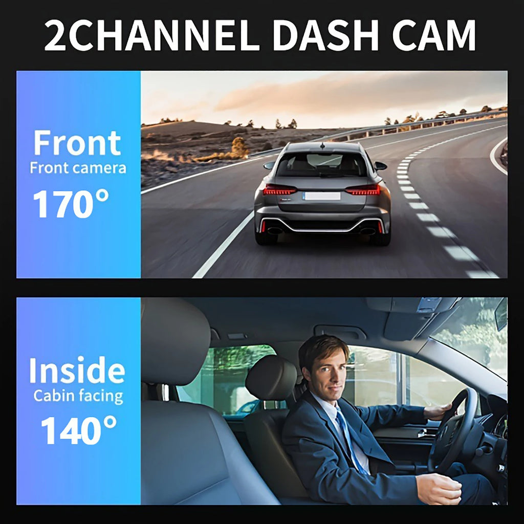 Caméra embarquée pour voiture 1080p avec enregistreur vidéo DVR, double caméra avant et intérieure, enregistrement en boucle et surveillance WiFi.
