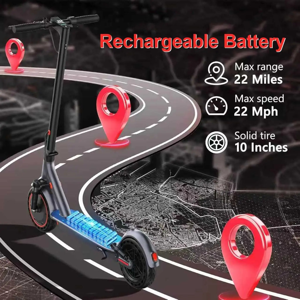 Trottinette électrique avec pneus alvéolés de 10 pouces, batterie 42 V 10,5 Ah, vitesse maximale de 35 km/h, autonomie maximale de 35 km, double freinage et suspension, contrôle via application.