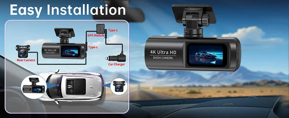 Caméra embarquée 4K UHD pour voiture, double objectif avant et arrière, GPS, Wi-Fi, mode parking 24h, vision nocturne, enregistreur vidéo DVR.