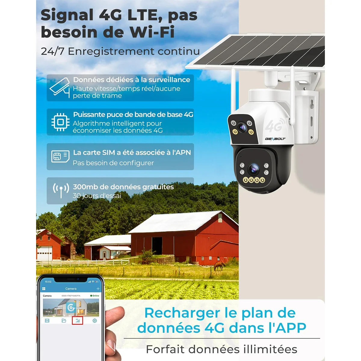 Caméra solaire 4G GENBOLT GB-217H, PTZ, 2 MP, IP66, 15 600 mAh, vision nocturne couleur, zoom 4x