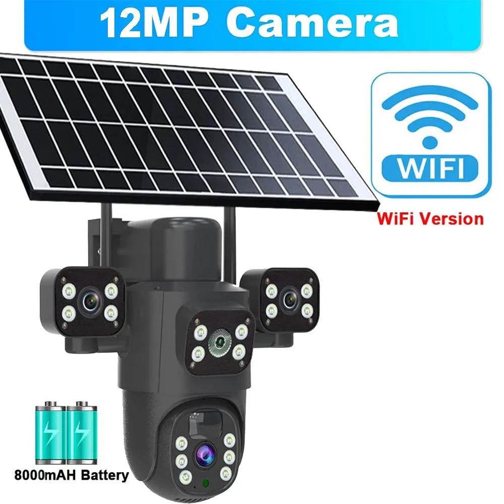 Caméra solaire 4G/WiFi, trois objectifs, écran, extérieur, 12 MP, 6K, batterie basse consommation, vision nocturne PIR, protection CCTV