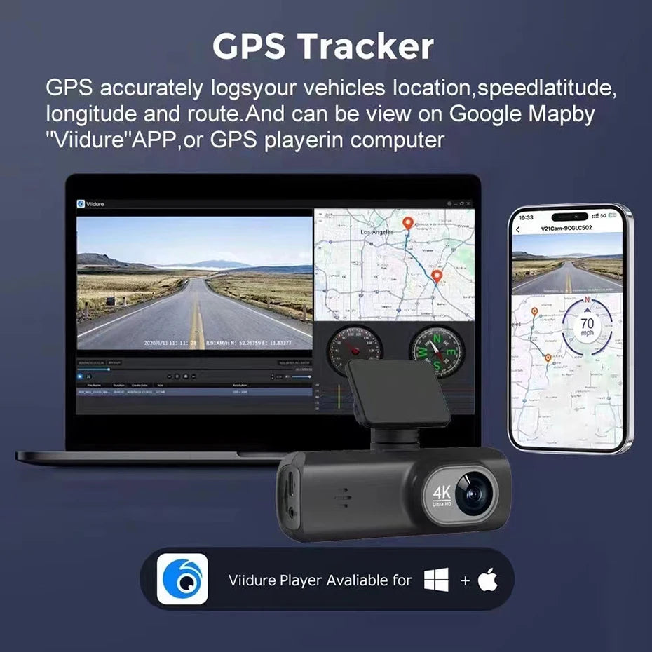 Caméra embarquée 4K UHD pour voiture, double objectif avant et arrière, GPS, Wi-Fi, mode parking 24h, vision nocturne, enregistreur vidéo DVR.