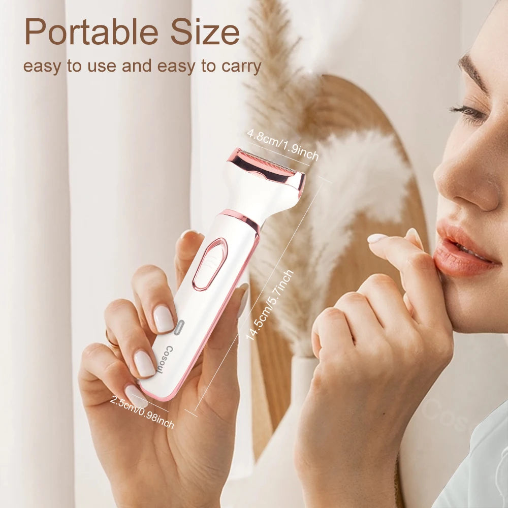 Rasoir électrique 4 en 1 pour femmes, rasoir corporel portable et indolore pour aisselles, maillot, soutiens-gorge, jambes, visage et moustache.