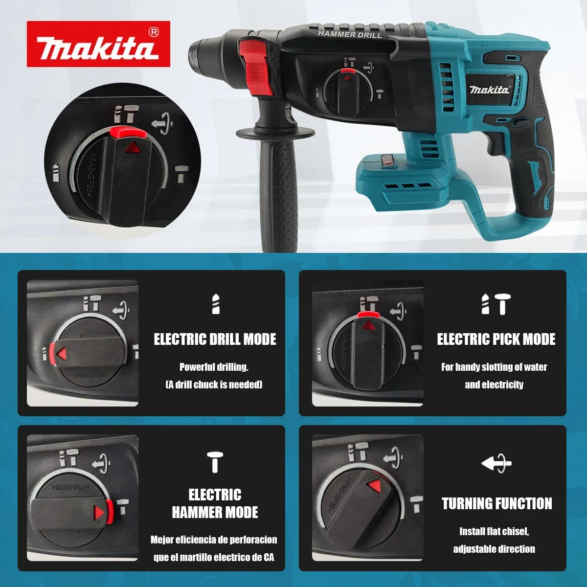 Marteau perforateur Makita DHR242 18V d'origine : faibles vibrations (13,5 m/s²), utilisation confortable pour les longues séances de perçage.