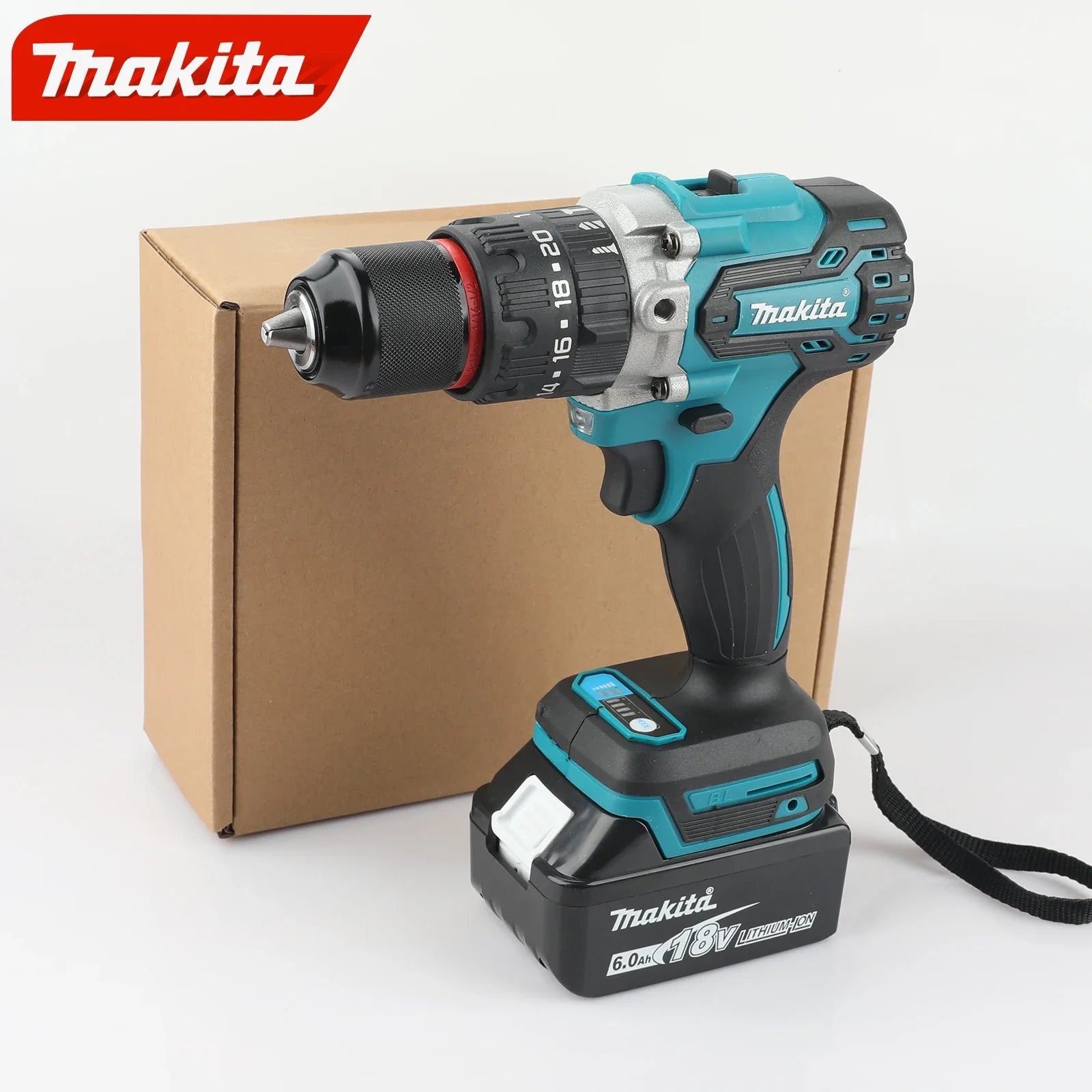 Perceuse à chocs électrique Makita DDF487 13 mm rouge et noire, sans balais, batterie lithium-ion 18 V, avec visseuse à couple élevé