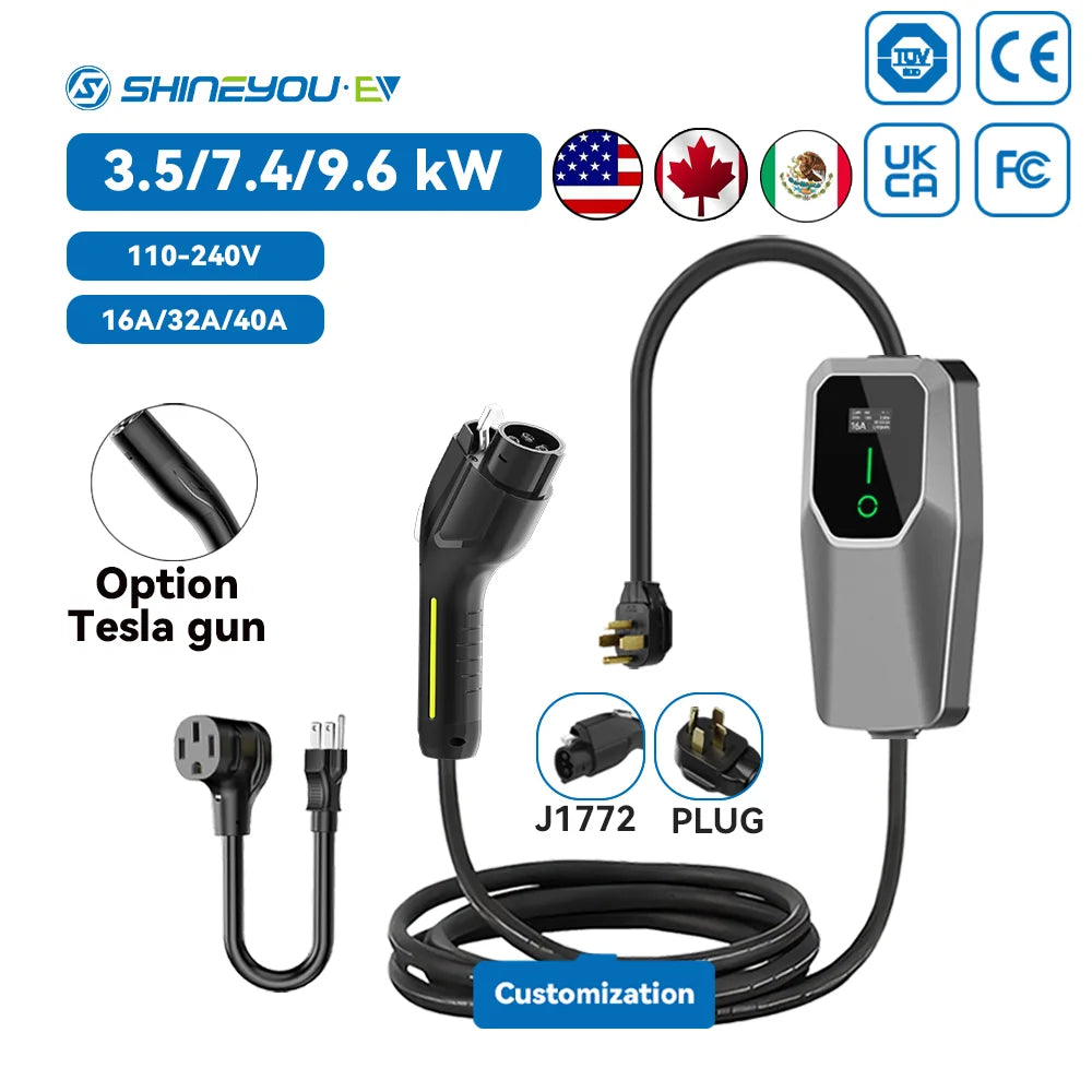 Chargeur mural portable pour véhicules électriques, type 1, 32 A max., 7,2 kW, écran LCD, conforme à la norme SAE J1772. Courant de charge réglable.