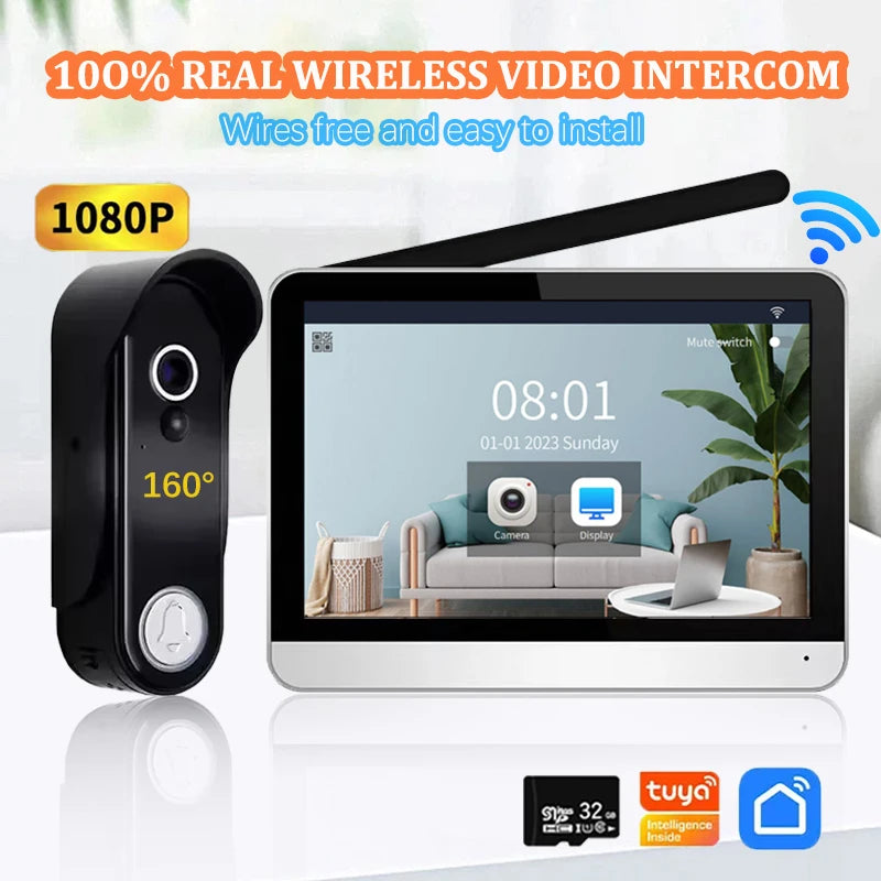 Sonnette vidéo sans fil extérieur ANJIELO 1080P WiFi avec caméra, écran tactile de 7 pouces, sans connexion requise