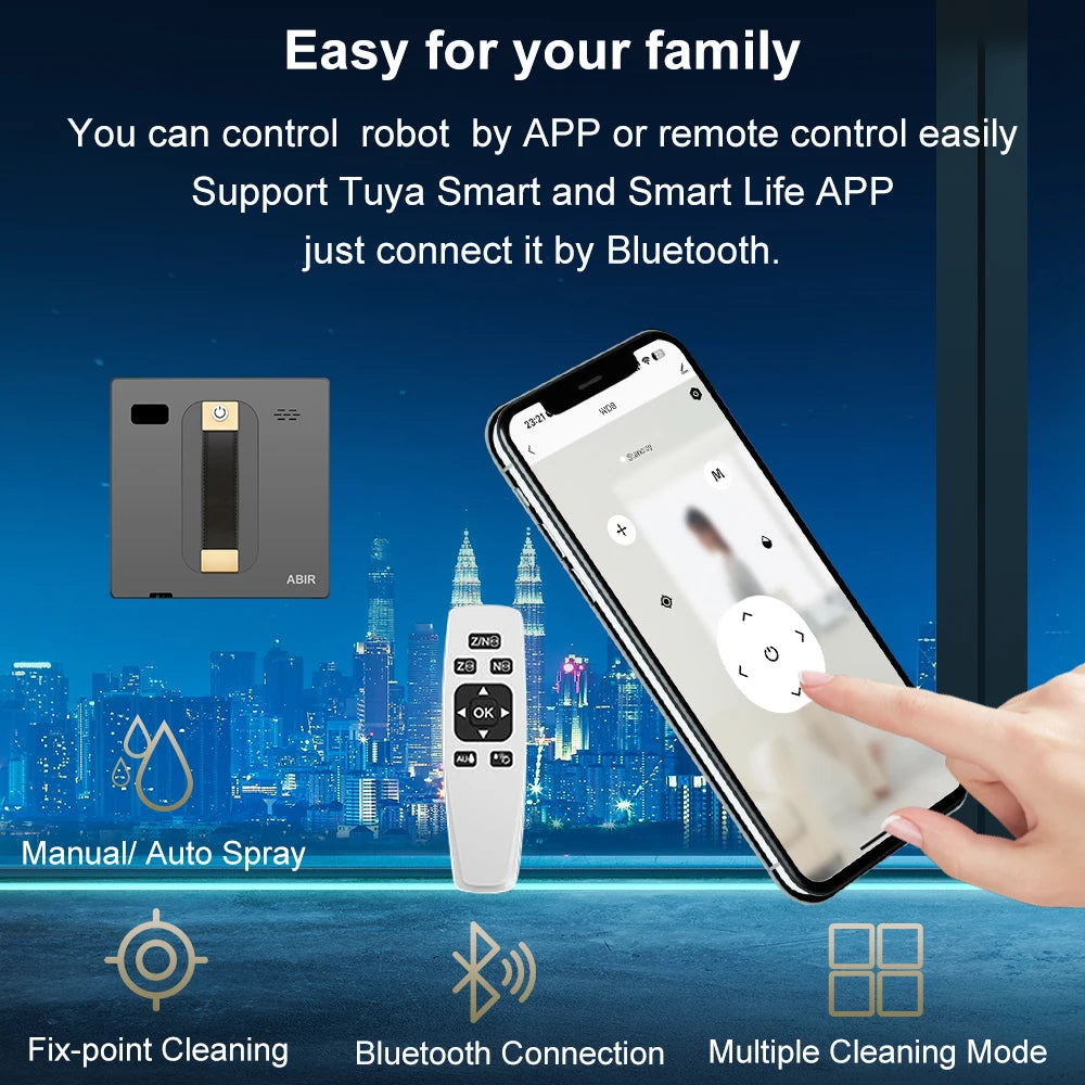 Robot nettoyeur de vitres ABIR WD8, double jet d'eau, mémoire intelligente, aspiration puissante, capteur laser, robot de nettoyage des vitres murales pour la maison