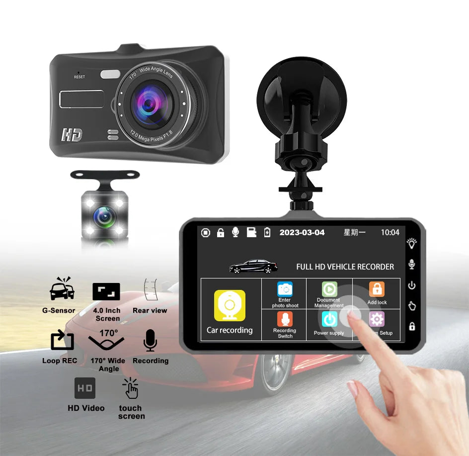 Caméra embarquée HD 1080p tactile avec vision nocturne, enregistreur vidéo pour véhicule, enregistreur de conduite avant et arrière.