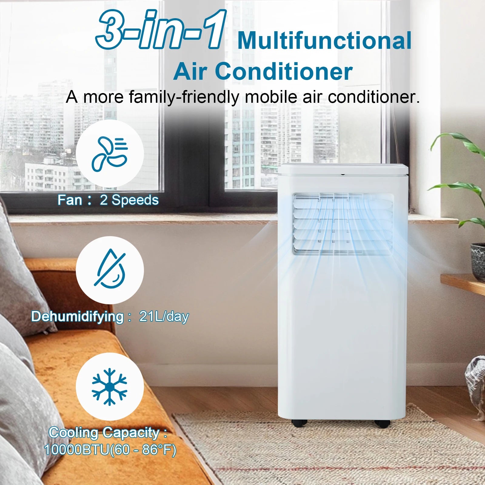 Climatiseur Mobile 10 000 BTU | Refroidissement Rapide, Déshumidificateur 3-en-1 pour 450 pi²