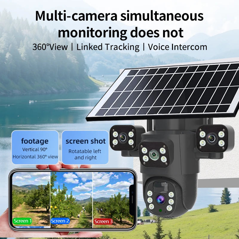 Caméra solaire 4G/WiFi, trois objectifs, écran, extérieur, 12 MP, 6K, batterie basse consommation, vision nocturne PIR, protection CCTV