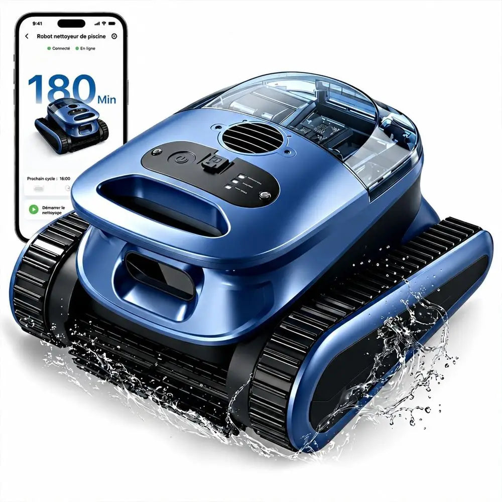 Robot nettoyeur de piscine intelligent pour piscines enterrées et hors sol : capable de grimper aux parois, navigation intelligente, autonomie de 180 minutes, surface de nettoyage de 2150 m².