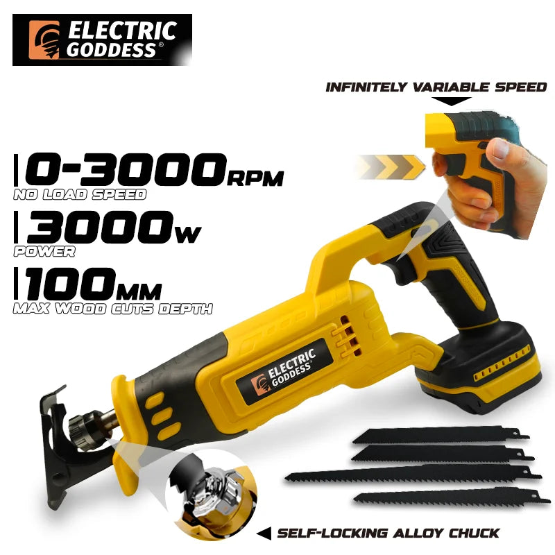 Scie alternative sans fil Electric Goddess WFJ003, moteur sans balais 20 V, 3000 W, coupe bois 100 mm