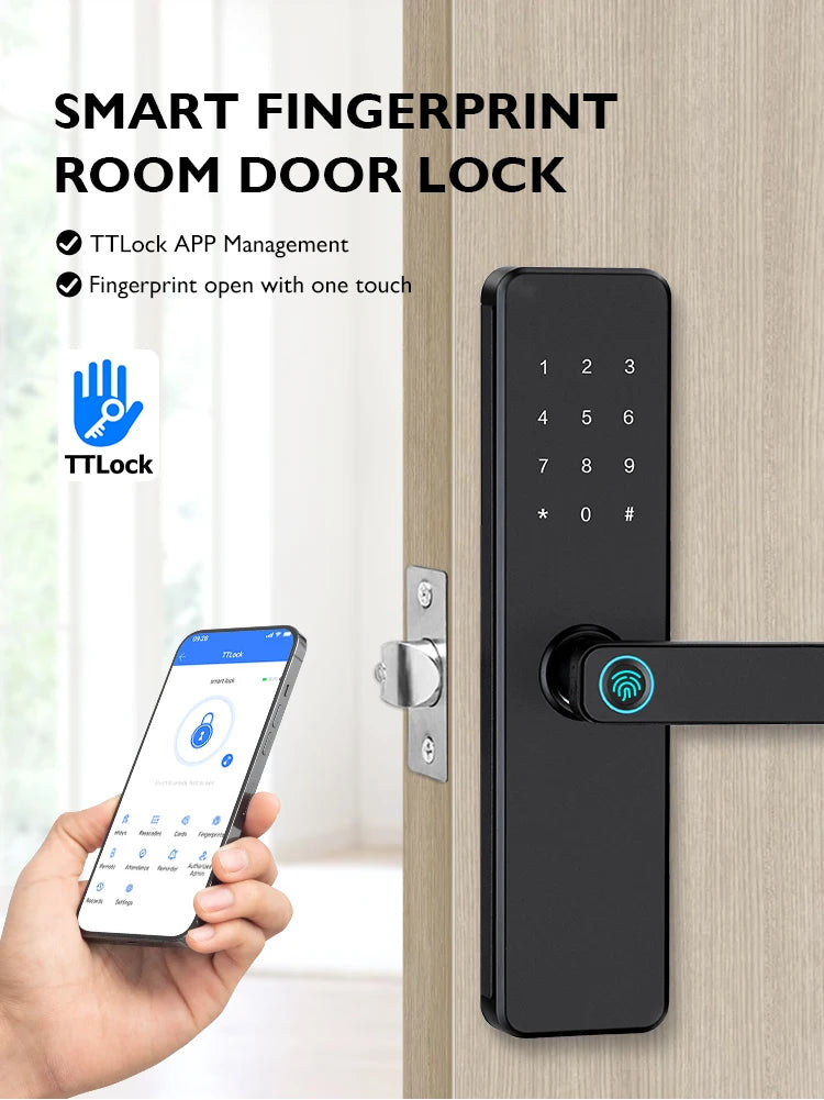 Serrure de porte intelligente Bluetooth TTLock avec application d'empreinte numérique, carte à code et écran tactile. Serrure électronique numérique de sécurité pour la maison.