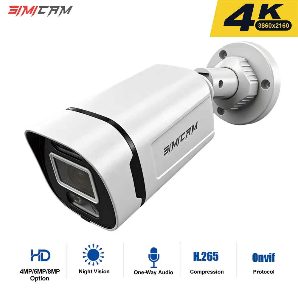 Caméra IP bullet SIMICAM 8 MP, PoE 48V, IP66, H.265, ONVIF, intérieur/extérieur