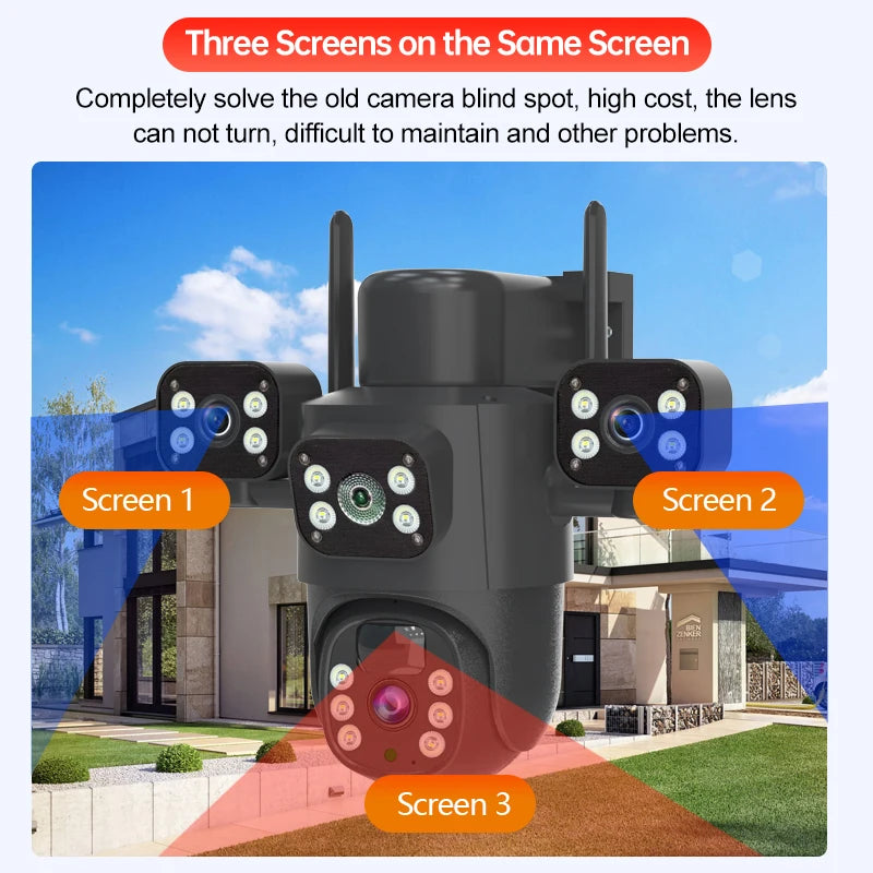 Caméra solaire 4G/WiFi, trois objectifs, écran, extérieur, 12 MP, 6K, batterie basse consommation, vision nocturne PIR, protection CCTV