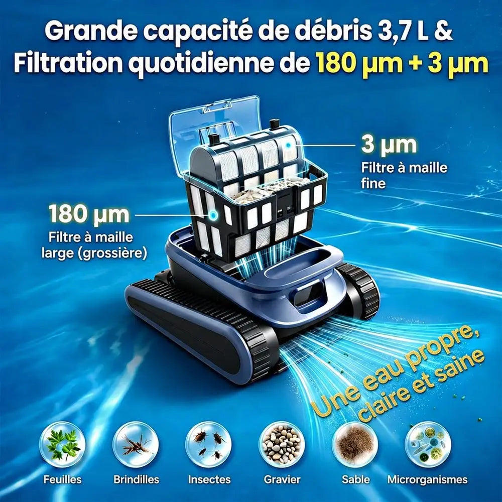 Robot nettoyeur de piscine intelligent pour piscines enterrées et hors sol : capable de grimper aux parois, navigation intelligente, autonomie de 180 minutes, surface de nettoyage de 2150 m².