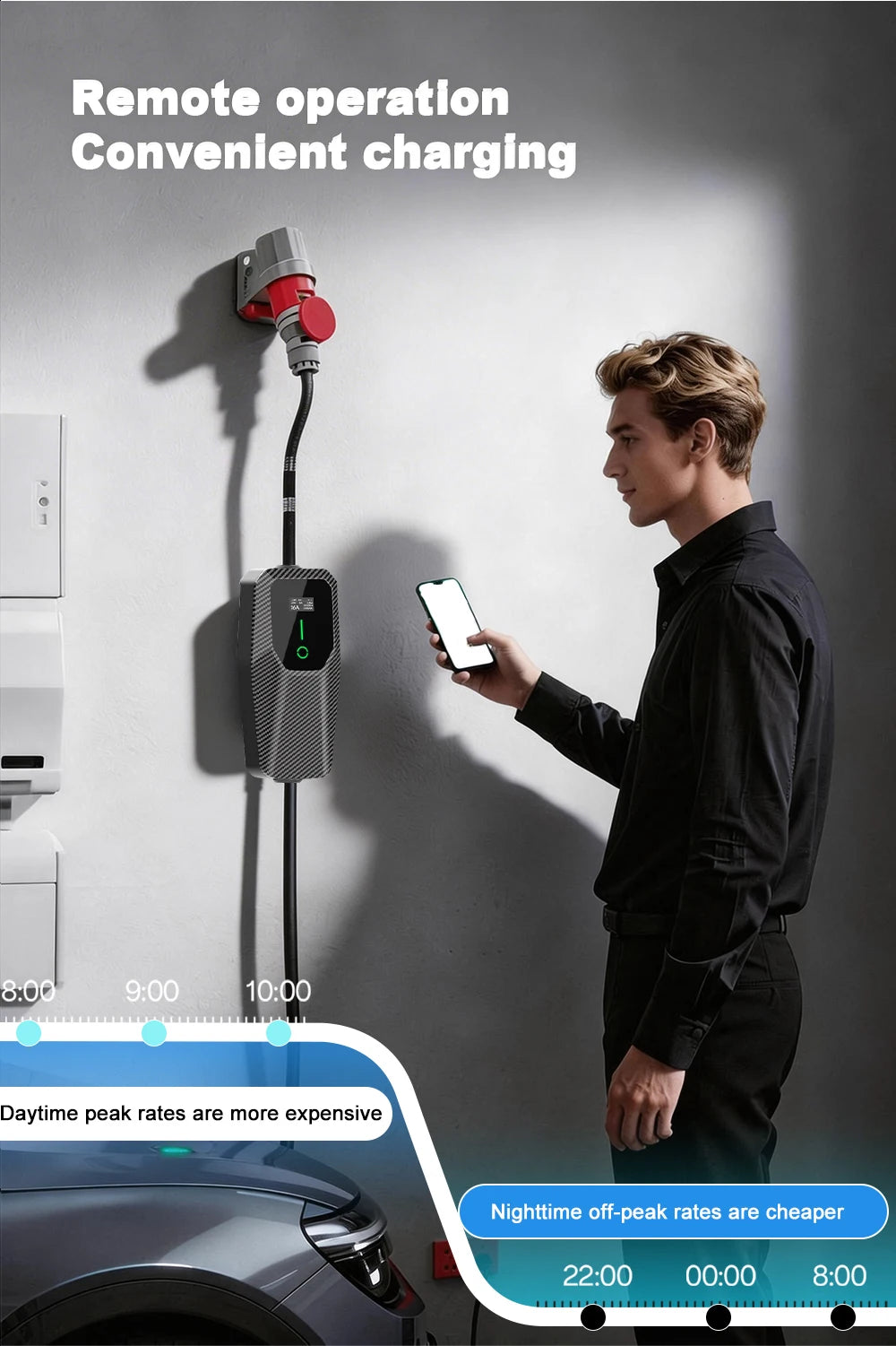 Chargeur mural portable pour véhicules électriques, type 1, 32 A max., 7,2 kW, écran LCD, conforme à la norme SAE J1772. Courant de charge réglable.