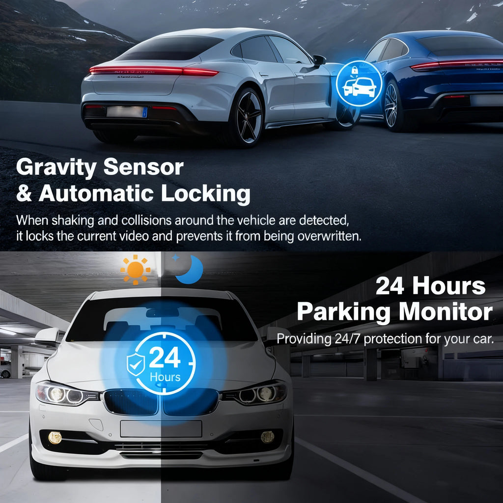 Caméra embarquée pour voiture 1080p avec enregistreur vidéo DVR, double caméra avant et intérieure, enregistrement en boucle et surveillance WiFi.