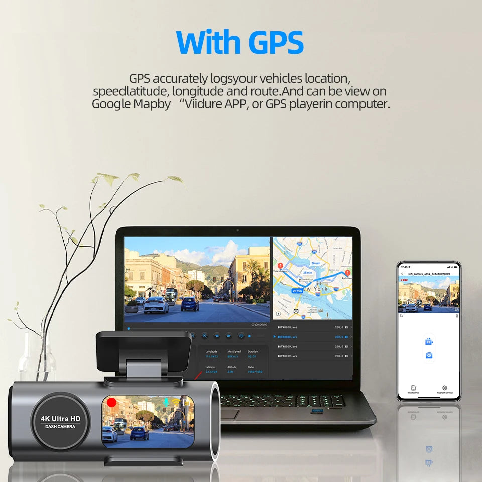 Caméra embarquée 4K UHD avec enregistrement vidéo DVR, vision nocturne, Wi-Fi intégré, GPS et surveillance 24h/24.