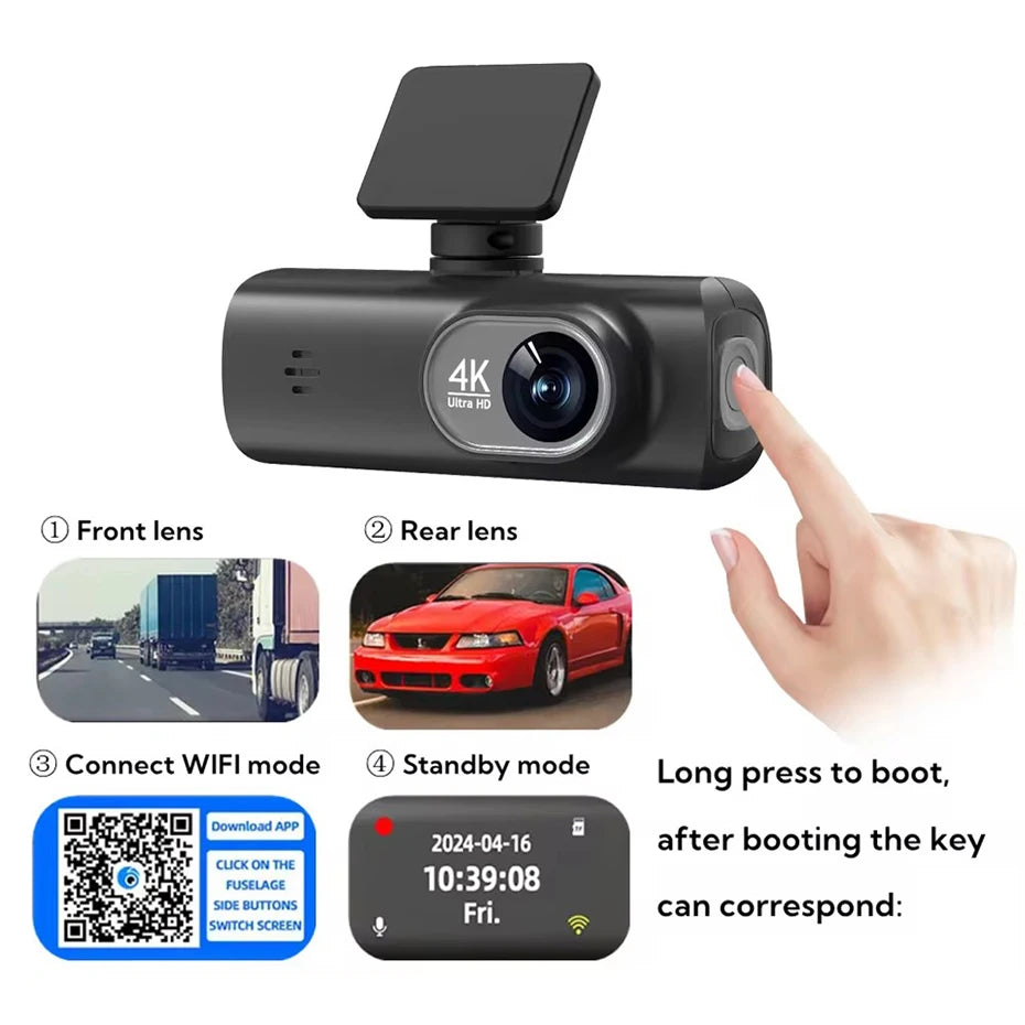 Caméra embarquée 4K UHD pour voiture, double objectif avant et arrière, GPS, Wi-Fi, mode parking 24h, vision nocturne, enregistreur vidéo DVR.