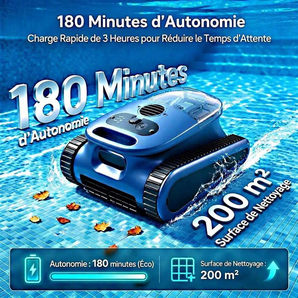 Robot nettoyeur de piscine intelligent pour piscines enterrées et hors sol : capable de grimper aux parois, navigation intelligente, autonomie de 180 minutes, surface de nettoyage de 2150 m².