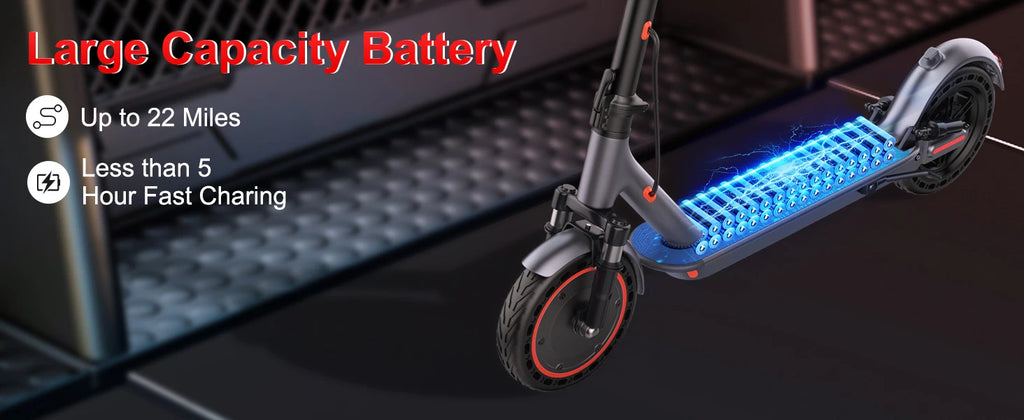 Trottinette électrique avec pneus alvéolés de 10 pouces, batterie 42 V 10,5 Ah, vitesse maximale de 35 km/h, autonomie maximale de 35 km, double freinage et suspension, contrôle via application.