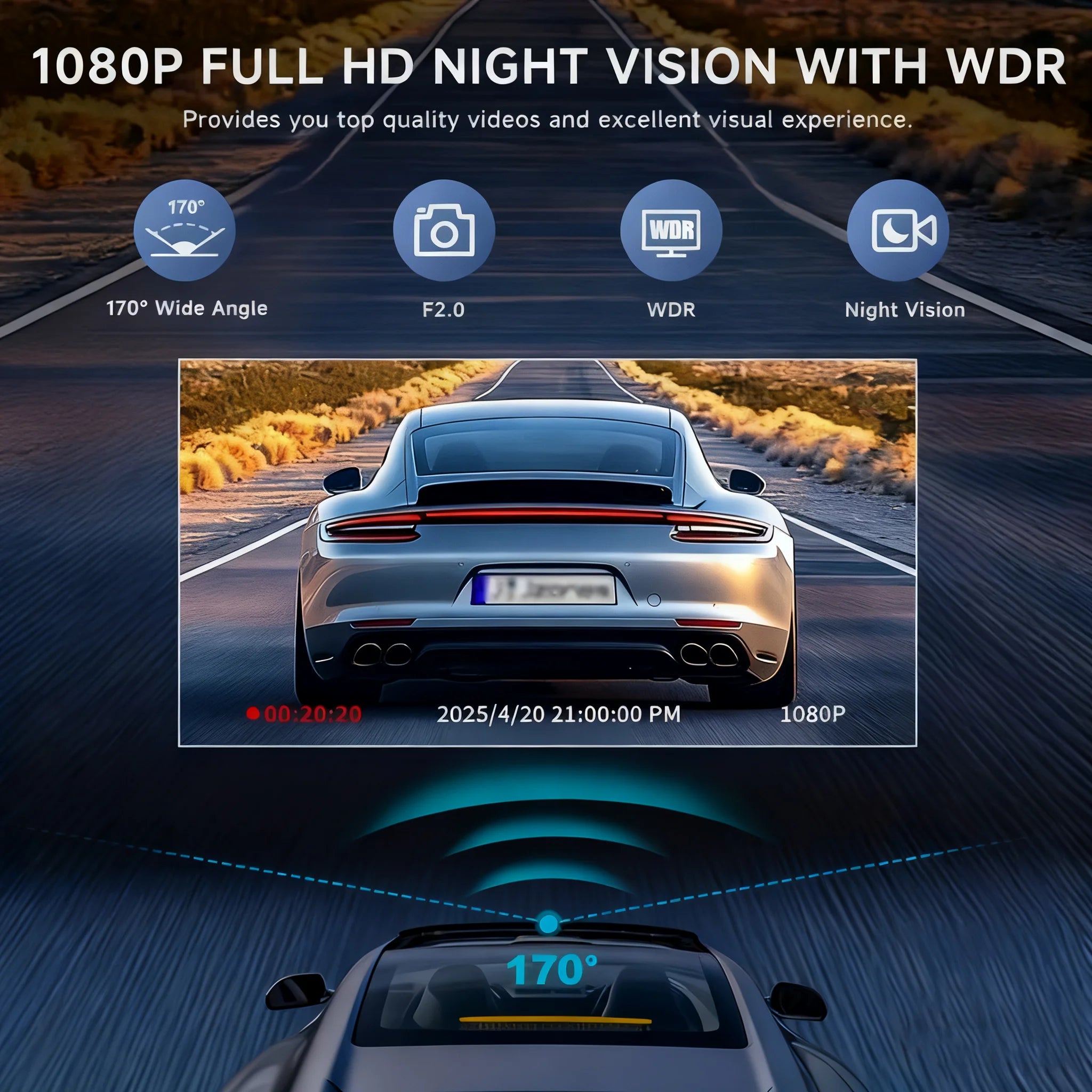 Caméra embarquée pour voiture 1080p avec enregistreur vidéo DVR, double caméra avant et intérieure, enregistrement en boucle et surveillance WiFi.