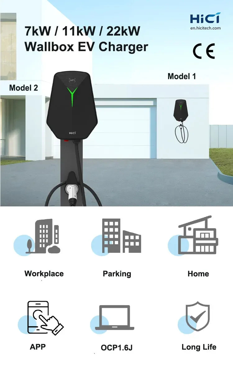 Borne de recharge intelligente HICI 7 kW/11 kW CA pour véhicules électriques, type 2, 16 A/32 A, borne de recharge pour véhicules électriques 22 kW