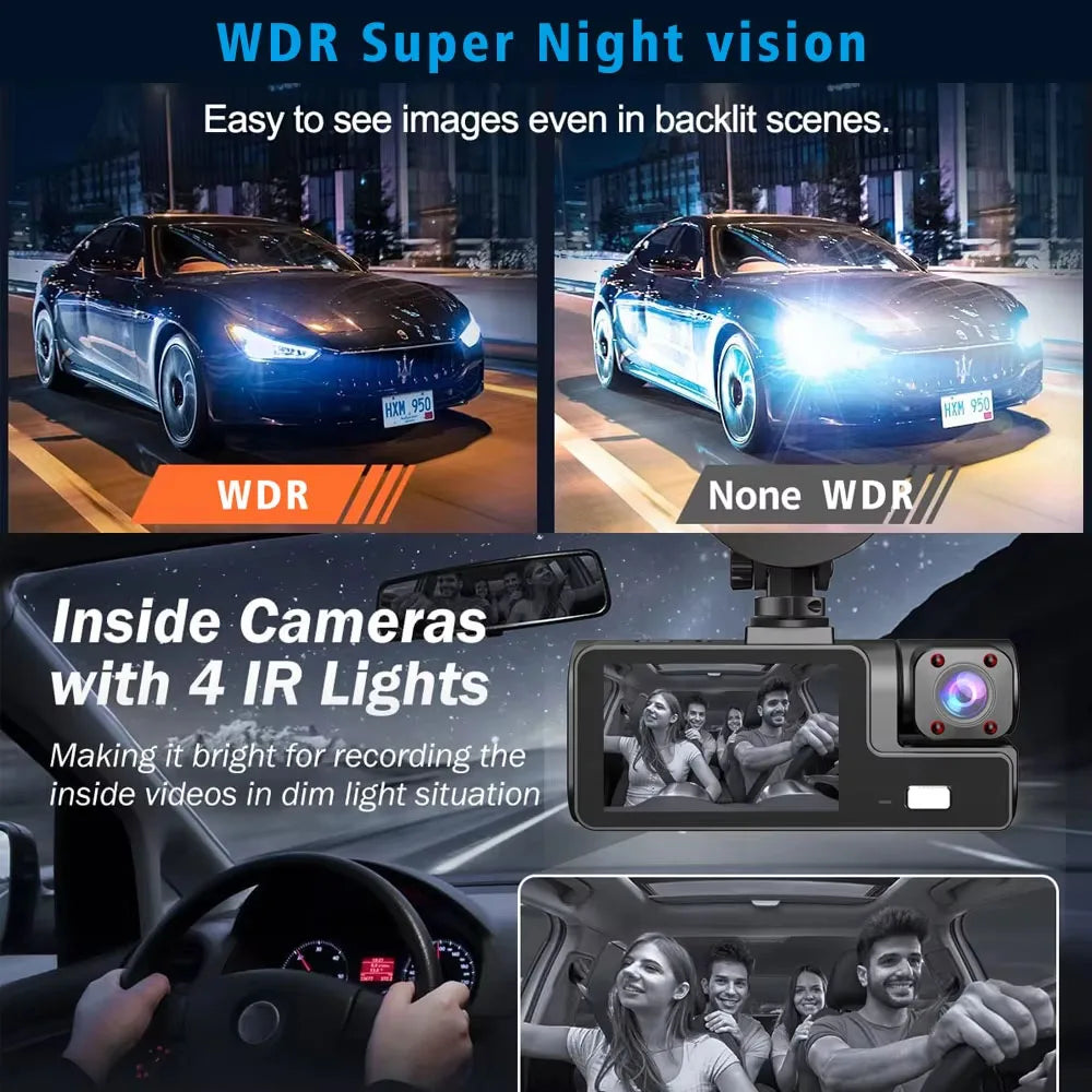 Caméra embarquée 3 canaux Wi-Fi avec DVR 1080p pour voiture (avant et intérieur), boîtier noir, surveillance de stationnement 24h/24, accessoires auto