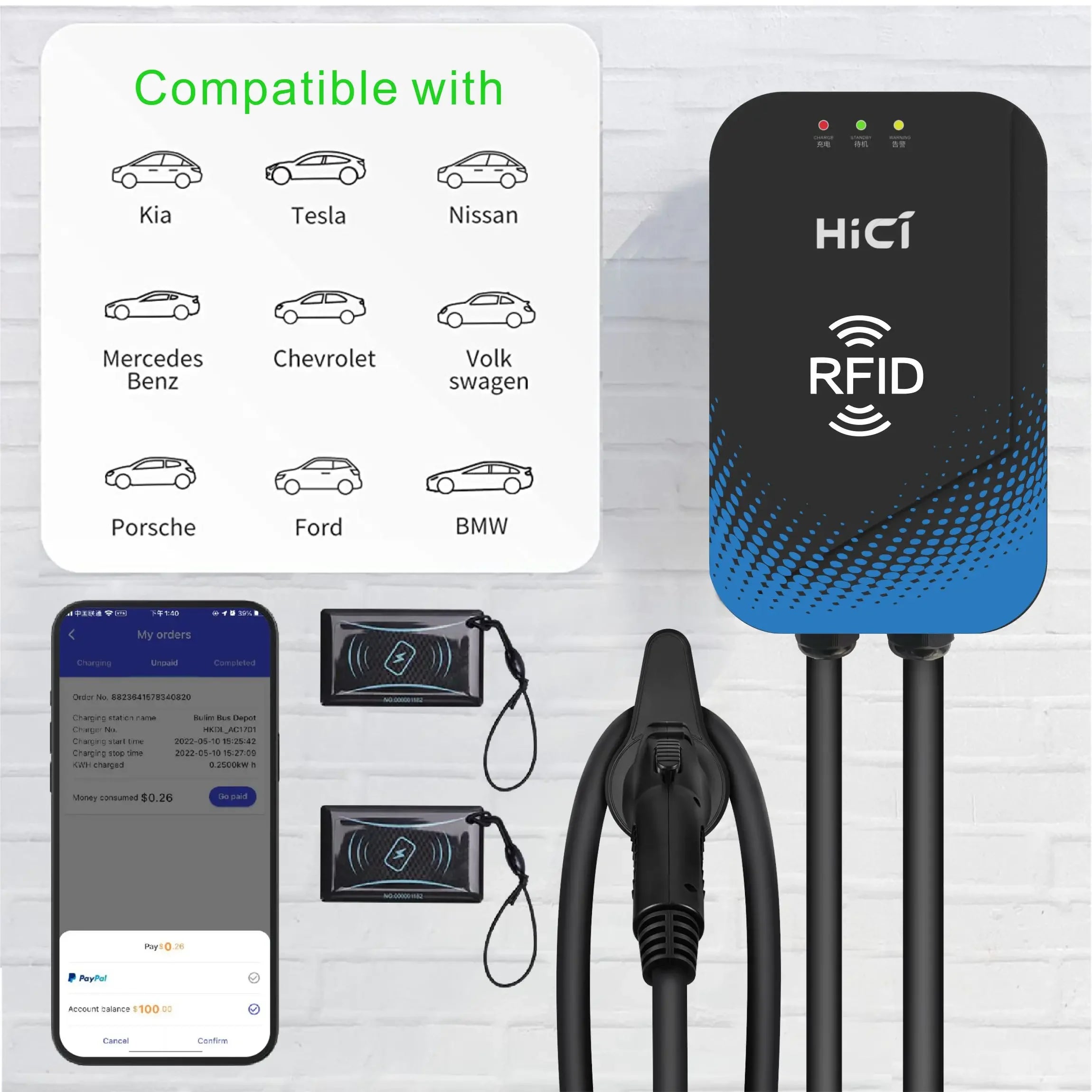 Borne de recharge intelligente HICI 7 kW/11 kW CA pour véhicules électriques, type 2, 16 A/32 A, borne de recharge pour véhicules électriques 22 kW