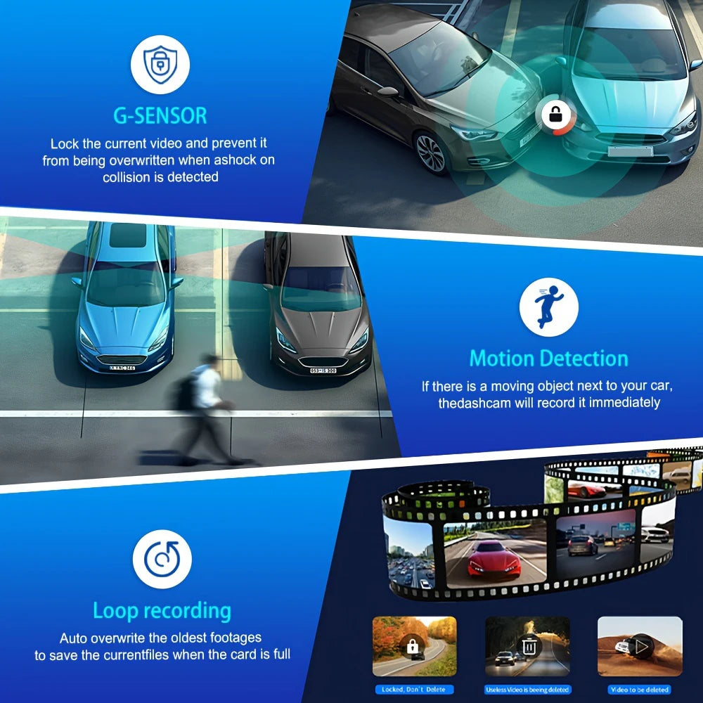 Caméra embarquée pour voiture 1080p avec enregistreur vidéo DVR, double caméra avant et intérieure, enregistrement en boucle et surveillance WiFi.