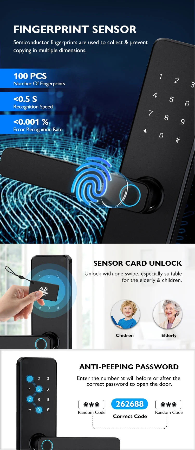 Serrure de porte intelligente Bluetooth TTLock avec application d'empreinte numérique, carte à code et écran tactile. Serrure électronique numérique de sécurité pour la maison.