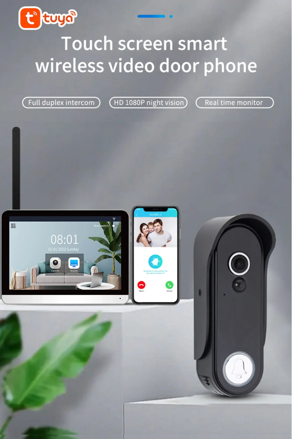 Sonnette vidéo sans fil extérieur ANJIELO 1080P WiFi avec caméra, écran tactile de 7 pouces, sans connexion requise
