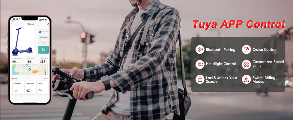 Trottinette électrique avec pneus alvéolés de 10 pouces, batterie 42 V 10,5 Ah, vitesse maximale de 35 km/h, autonomie maximale de 35 km, double freinage et suspension, contrôle via application.