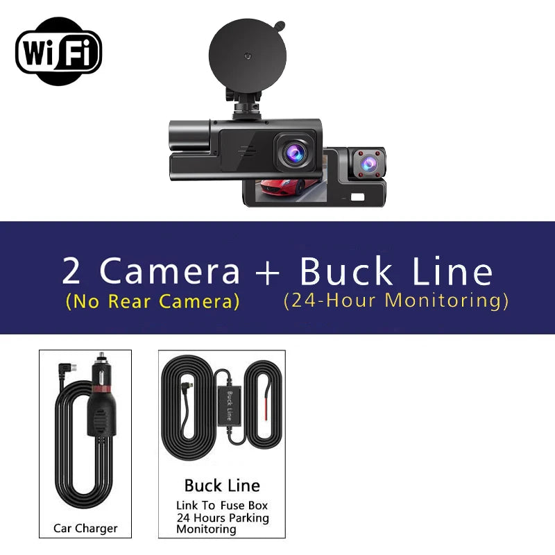 Caméra embarquée 3 canaux Wi-Fi avec DVR 1080p pour voiture (avant et intérieur), boîtier noir, surveillance de stationnement 24h/24, accessoires auto