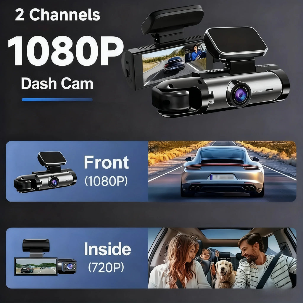 Caméra embarquée pour voiture 1080p avec enregistreur vidéo DVR, double caméra avant et intérieure, enregistrement en boucle et surveillance WiFi.