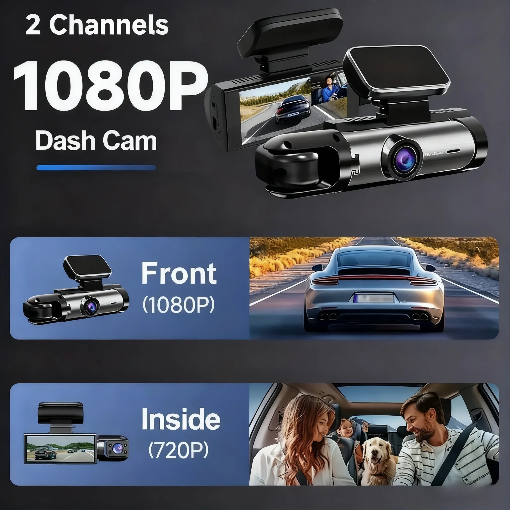 Caméra embarquée pour voiture 1080p avec enregistreur vidéo DVR, double caméra avant et intérieure, enregistrement en boucle et surveillance WiFi.