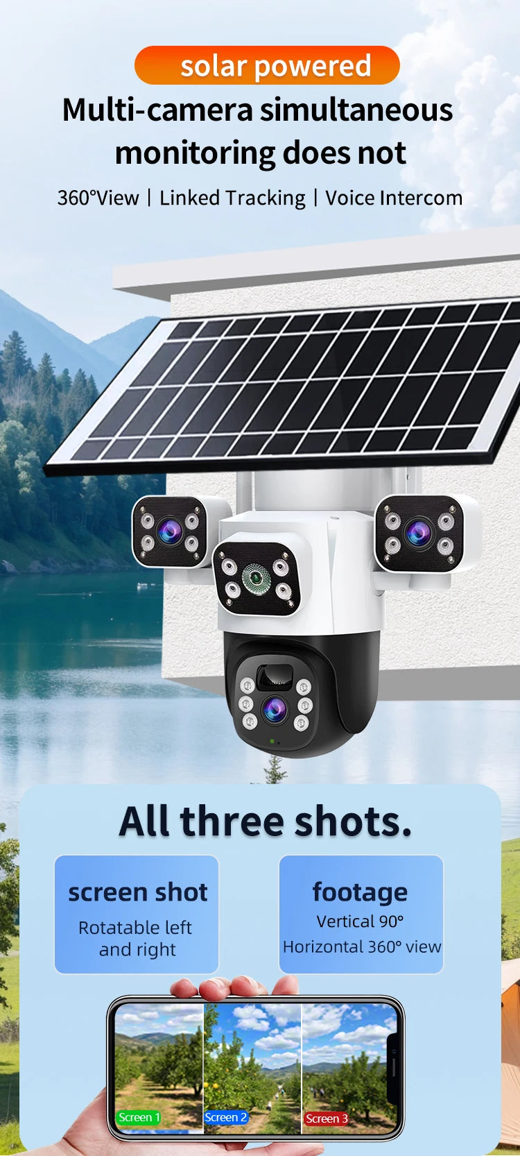 Caméra IP Solaire 4G 12 MP | Triple Objectif, Rotation PTZ, Détection de Mouvement et Suivi Intelligent