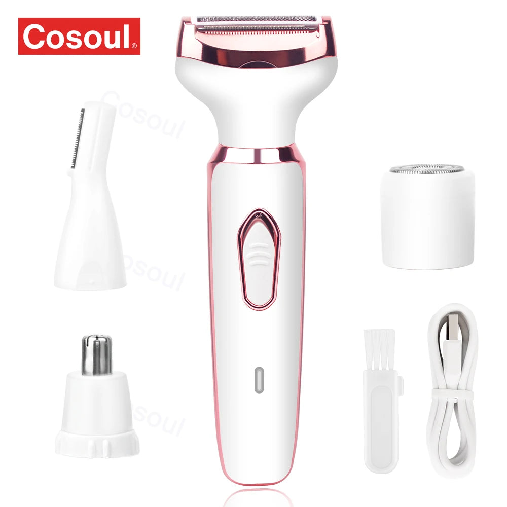 Rasoir électrique 4 en 1 pour femmes, rasoir corporel portable et indolore pour aisselles, maillot, soutiens-gorge, jambes, visage et moustache.