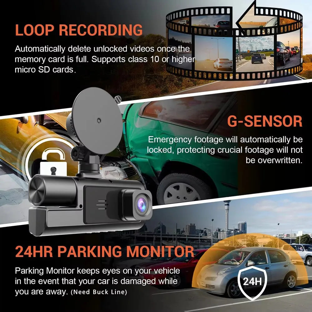 Caméra embarquée 3 canaux Wi-Fi avec DVR 1080p pour voiture (avant et intérieur), boîtier noir, surveillance de stationnement 24h/24, accessoires auto