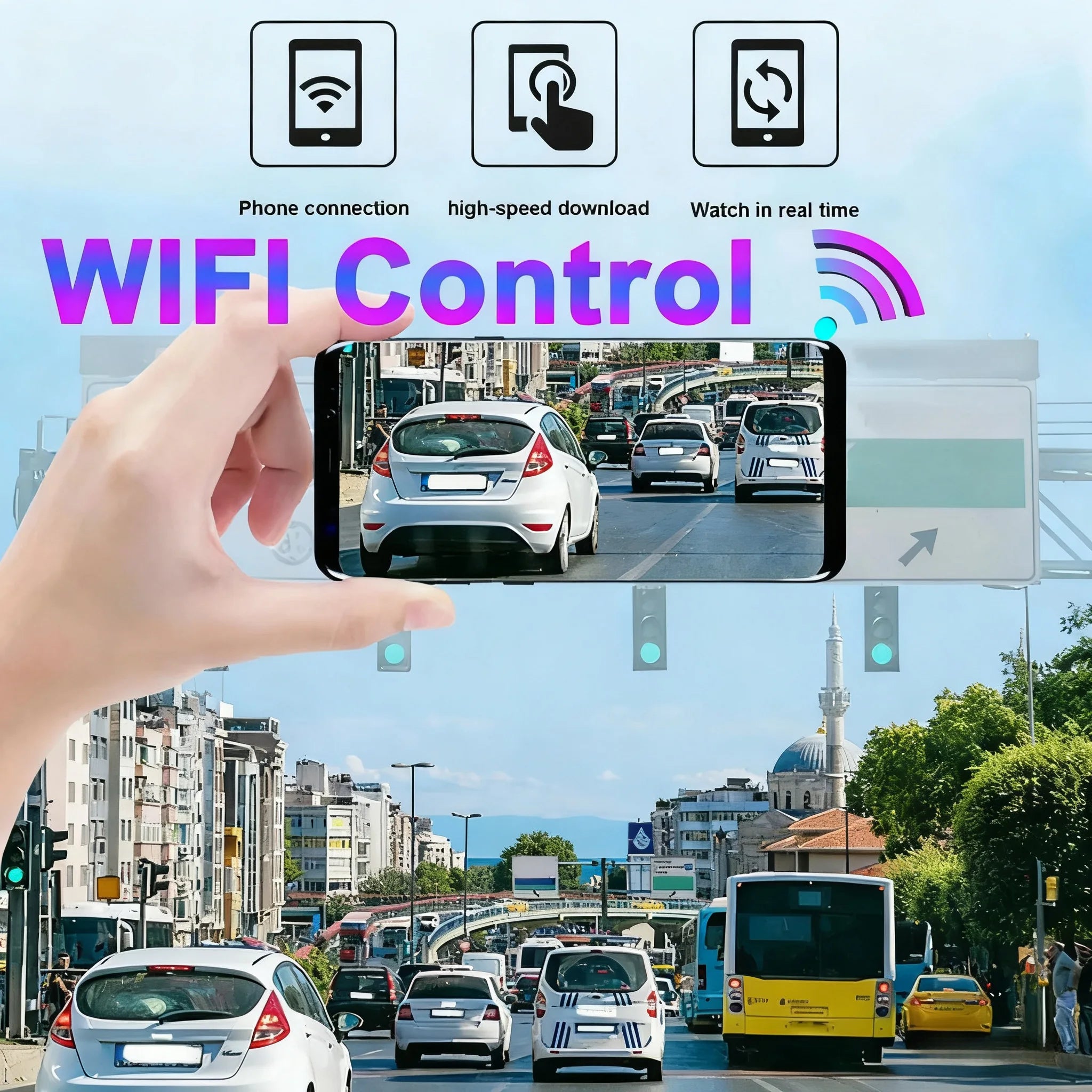 Caméra embarquée pour voiture 1080p avec enregistreur vidéo DVR, double caméra avant et intérieure, enregistrement en boucle et surveillance WiFi.