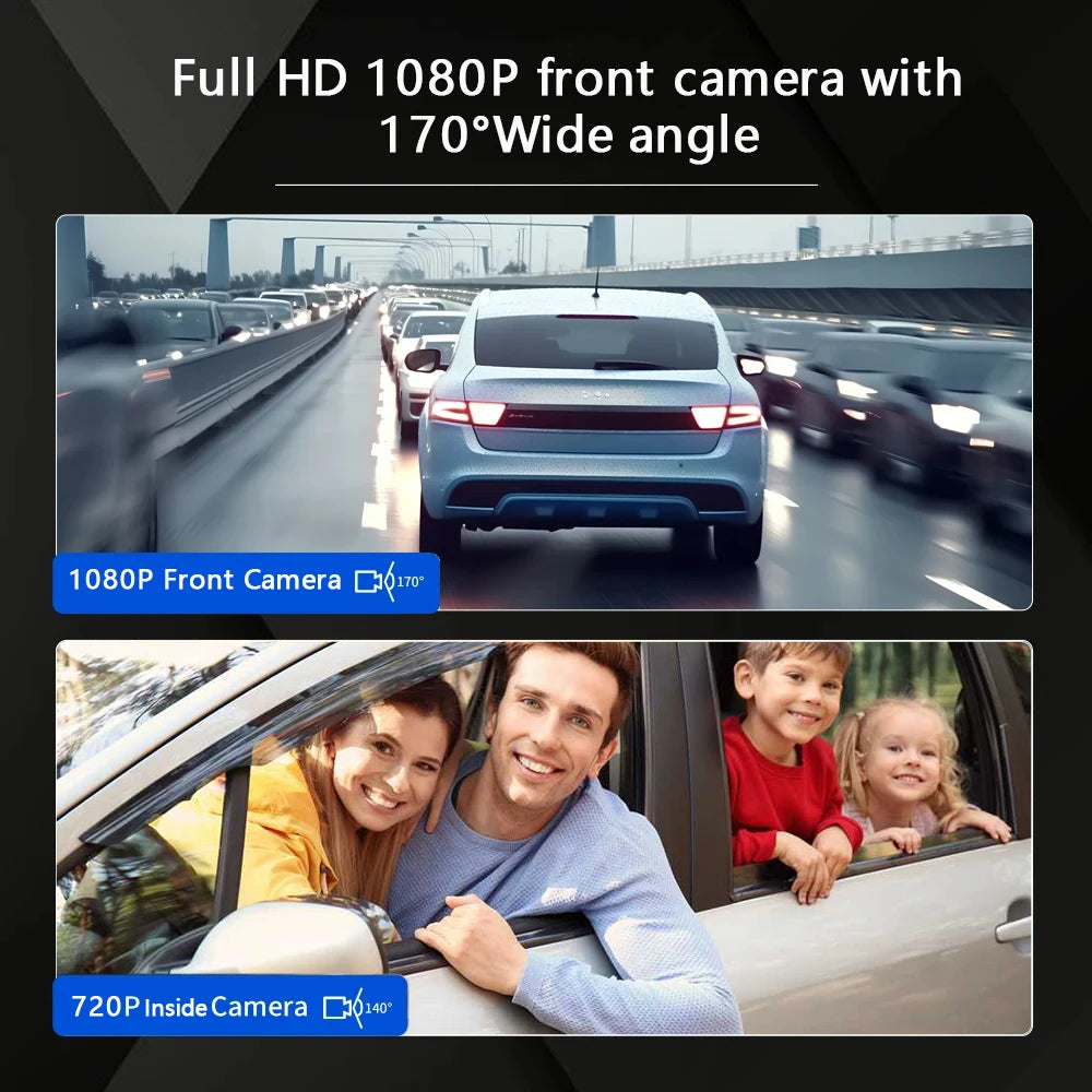 Caméra embarquée pour voiture 1080p avec enregistreur vidéo DVR, double caméra avant et intérieure, enregistrement en boucle et surveillance WiFi.