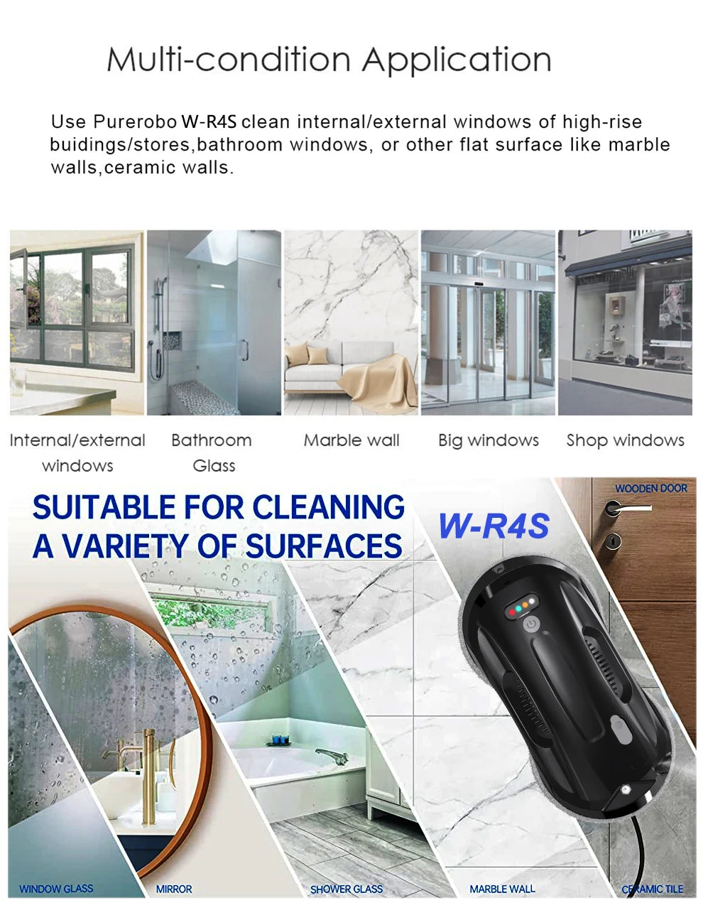 Robot nettoyeur de vitres Purerobo W-R4S : aspirateur robot ultra-fin à haute puissance d'aspiration pour le nettoyage des vitres de la maison