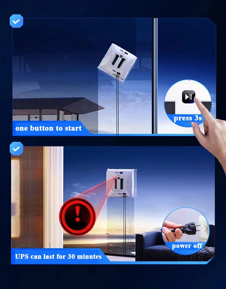 Robot nettoyeur de vitres à double jet d'eau, aspiration puissante automatique, système anti-chute pour le lavage des vitres extérieurs, télécommande