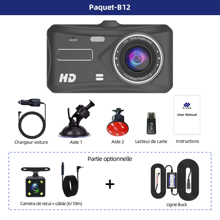 Caméra embarquée HD 1080p tactile avec vision nocturne, enregistreur vidéo pour véhicule, enregistreur de conduite avant et arrière.