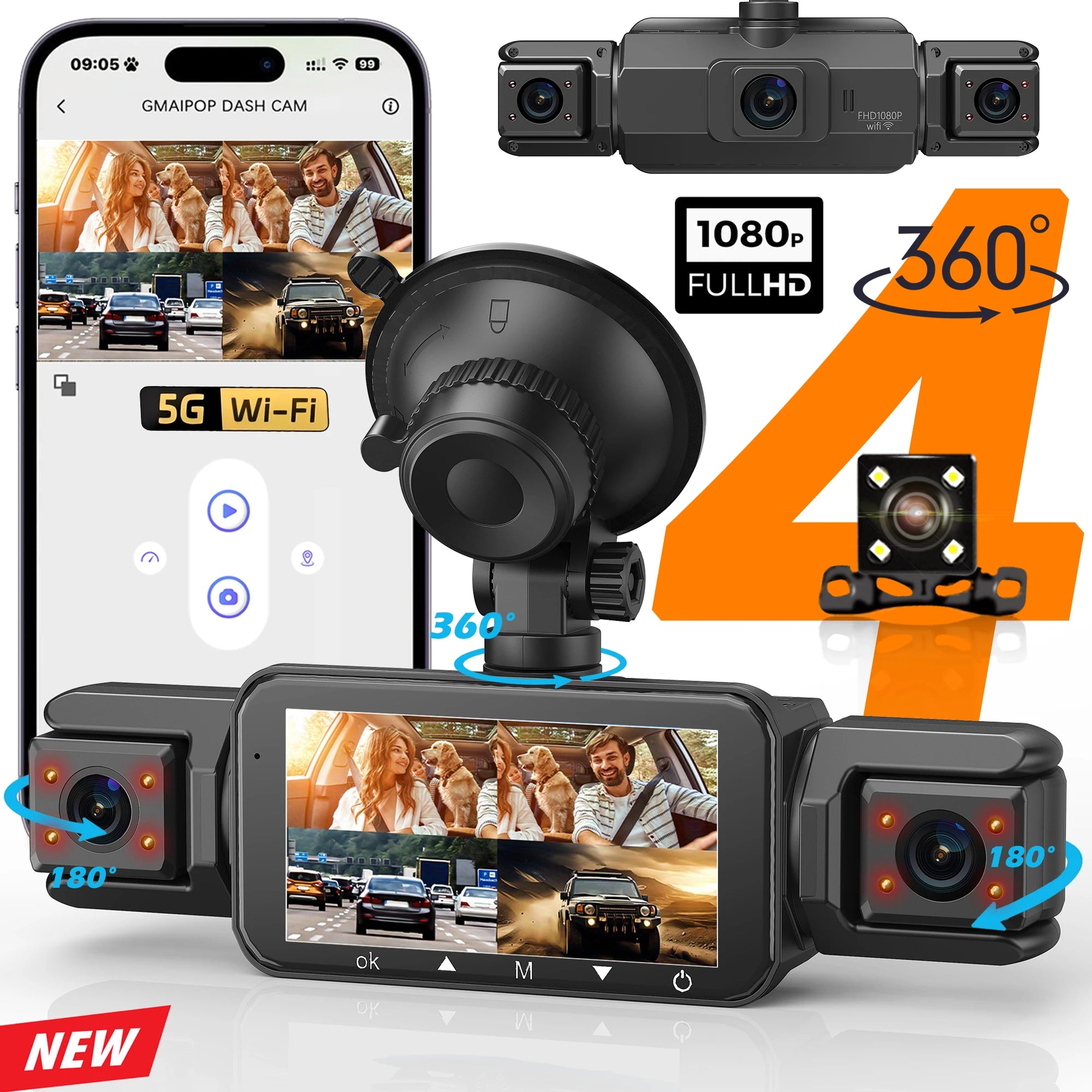 Caméra embarquée GMAIPOP WiFi 4 canaux 1080p, capteur Sony IMX307, vision nocturne, enregistrement en boucle