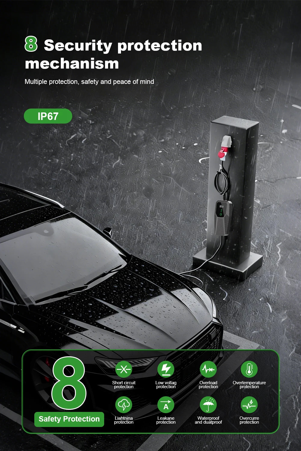 Chargeur mural portable pour véhicules électriques, type 1, 32 A max., 7,2 kW, écran LCD, conforme à la norme SAE J1772. Courant de charge réglable.